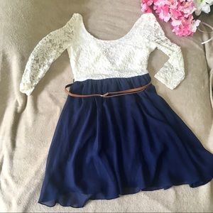 NWOT Lace Bodice and Chiffon Three Quarter Sleeve Dress with Belt